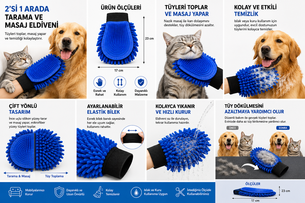 Kedi ve Köpek Bakım Eldiveni | 2'si 1 Arada Grooming Eldiveni