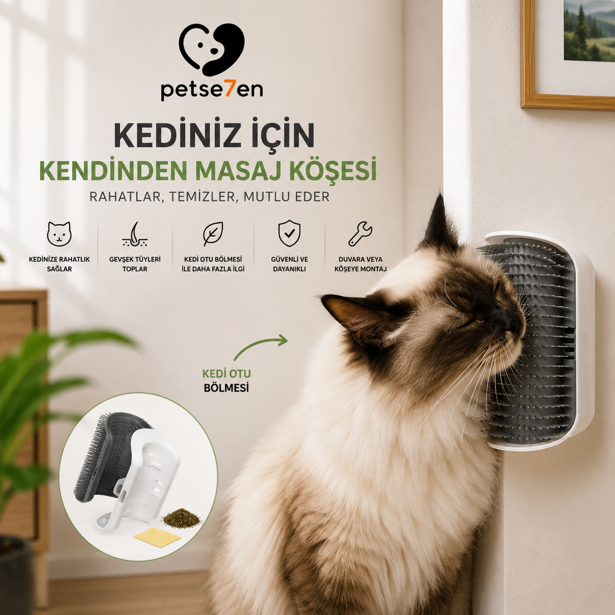 Kendinden Masaj ve Tüy Toplama Fırçası | Kedi Masaj Köşesi & Tüy Toplayıcı
